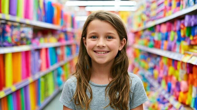 Smiling Girl Shopping in Colorful Aisle for Party Supplies