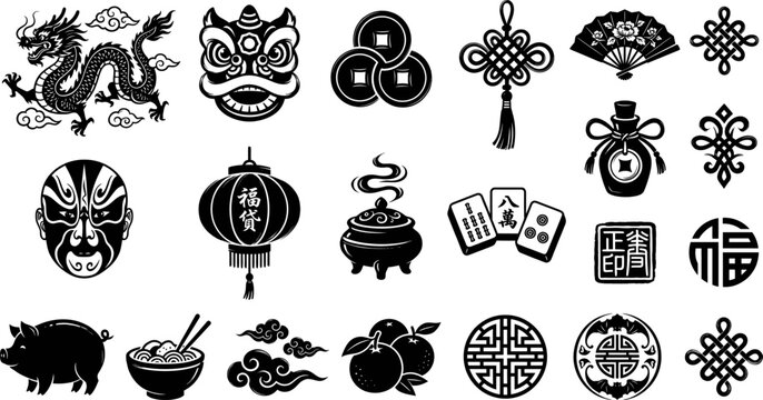 Set of chinese new year icons, including dragon, lion dance mask, lantern, mahjong tiles, traditional knots, and festive food