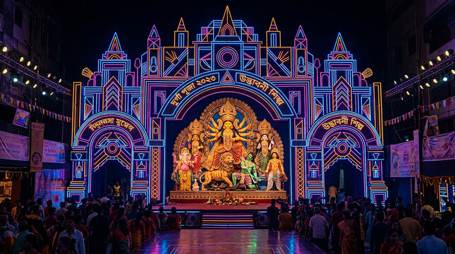 Traditional Durga Puja Festival Celebration with Goddess Durga and Devotional Decorations
