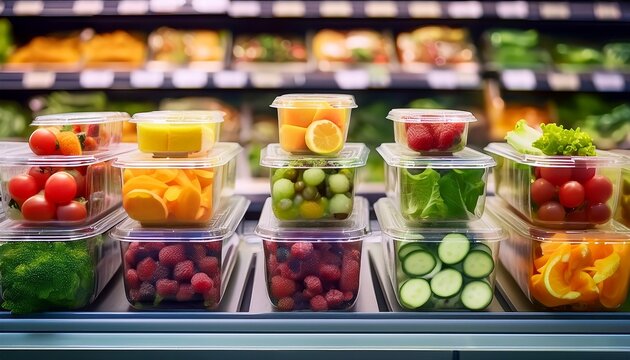 fresh fruit and vegetable salads in plastic containers at supermarket