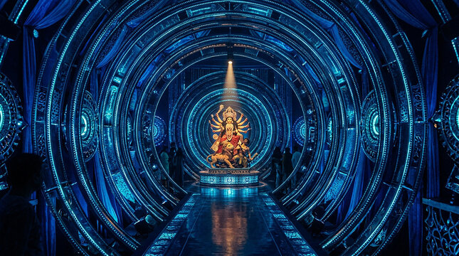 Traditional Durga Puja Festival Celebration with Goddess Durga and Devotional Decorations