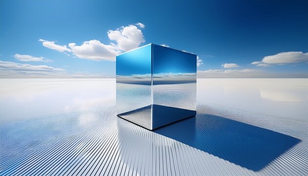 metallic cube reflects blue sky above white ground