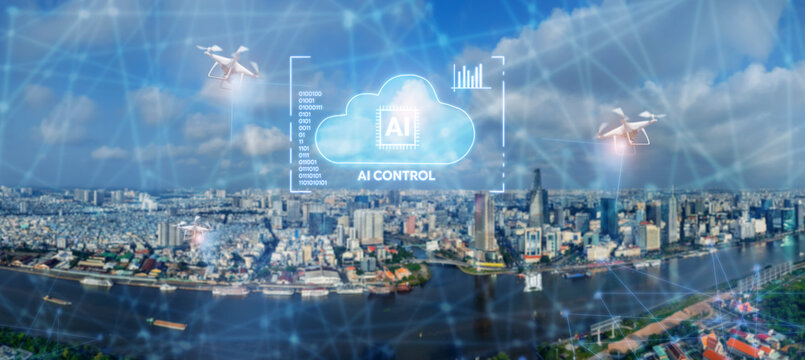 Ho chi minh city, Vietnam skyline with ai cloud data center control and drones network for smart security technology