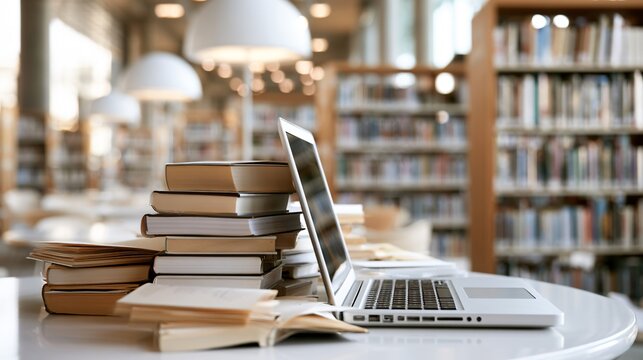 Library Study Session with Laptop and Books on Table