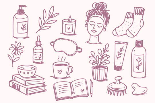 Self Care Spa Set Doodle Sketch Vector