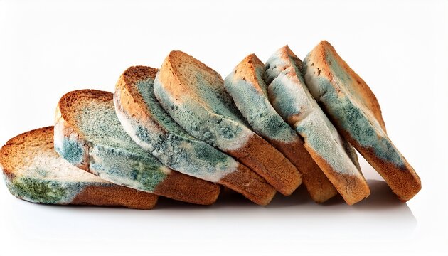 stack of moldy bread slices isolated on white background