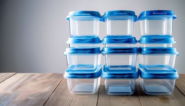 stacked empty plastic food storage containers with blue lids