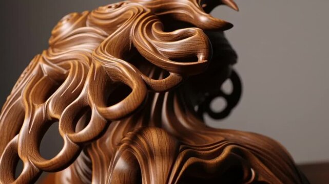 Close-up of abstract wooden lion sculpture with swirling patterns