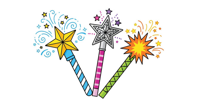Colorful magic wands with stars and sparkles whimsical doodle illustration silhouette