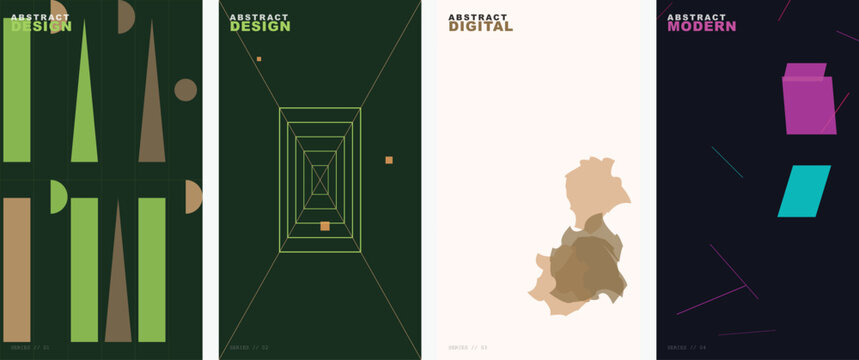 Abstract modern poster set with geometric shapes, minimalist digital background collection, 4 vertical vector layouts for social media and branding