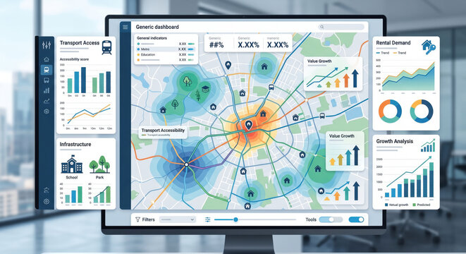 Real estate market analytics dashboard showing property location map, investment performance charts, rental demand and regional growth indicators.