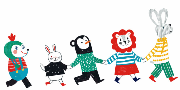 Anthropomorphic Animals Holding Hands Colorful Vector Illustration On White Background