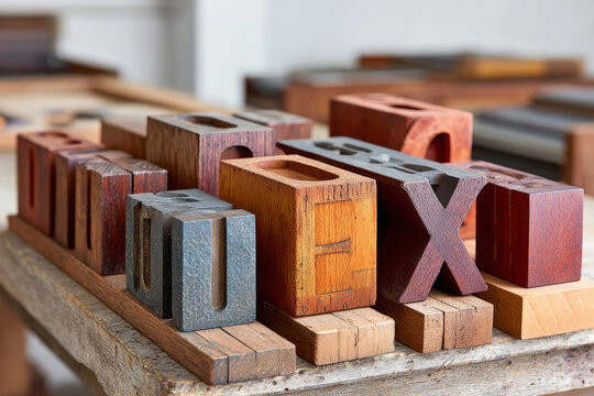 Wooden blocks with letters and numbers on a table, used in printing or typesetting processes