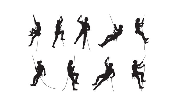 Detailed black silhouette figures of adventurous rock climbers scaling walls and using professional climbing safety equipment