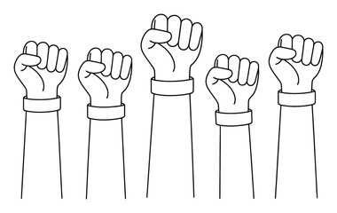 Fototapeta premium Five raised fists in solidarity and protest, black and white
