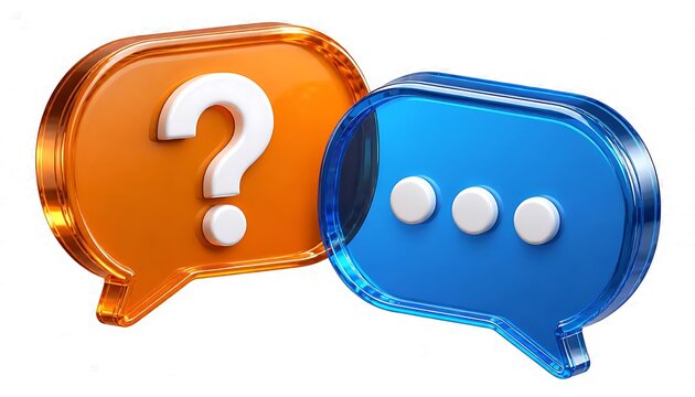 A digital communication concept featuring two 3D speech bubble icons, one orange with a white question mark and the other blue with three white dots, symbolizing inquiry, dialogue, and interactive mes