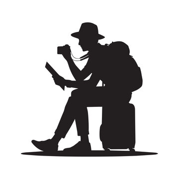 Silhouette of a traveler with backpack and luggage looking at a paper map while sitting