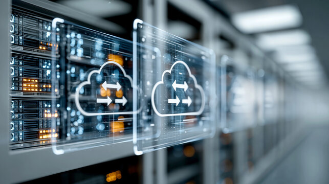 A realistic commercial stock image of enterprise cloud migration strategy dashboard concept, blank transparent interface panels showing data transfer arrows and server synchronizat