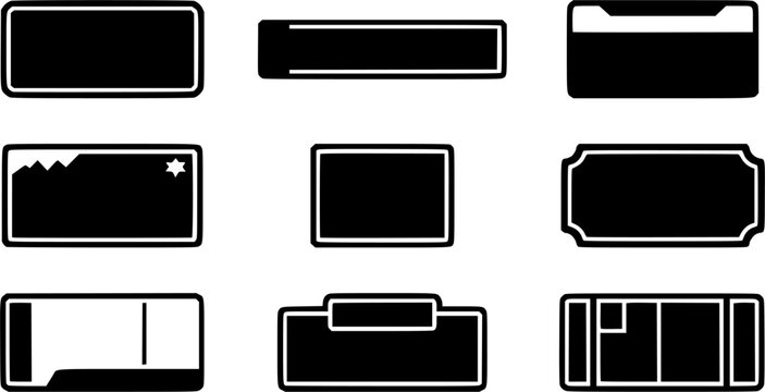 Car license plate icon set, flat black glyph style, pure white background