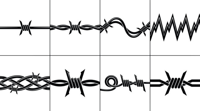Barbed Wire Vector Collection with Six Unique Fence Designs for Security, Boundaries, and Industrial Illustration Projects