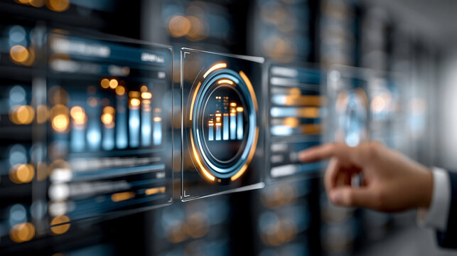A realistic commercial stock image of enterprise database management system (DBMS) dashboard concept, blank transparent interface panels showing glowing data structures, query perf