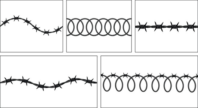 Barbed Wire Vector Set with Multiple Fence Designs for Security, Boundaries, and Industrial Illustration Projects