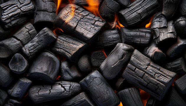 black charcoal with fire burnt wood texture background panoramic banner abstract charred timber pattern of embers concept of coal bbq grill barbecue fire firewood smoke