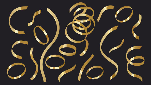 A collection of loose curly golden ribbons arranged in a scattered decorative vector illustration celebration element festive gold color hue graphic