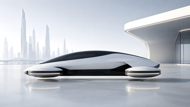 Ultra modern autonomous flying hover car parked beside futuristic luxury architecture in a clean smart city, minimalist sci fi transportation concept with advanced electric mobility design.