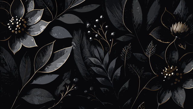 Dark floral ornament with golden accents a repeating pattern of leaves and blossoms on a black background abstract floral arrangement art nouveau black and gold