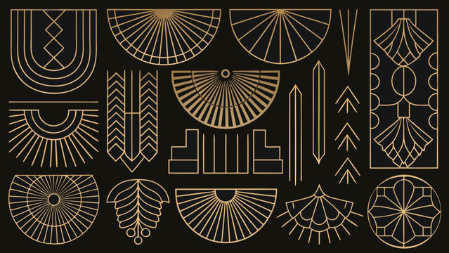 Geometric art deco pattern with radiating lines and curved shapes on a black background golden fan arch motifs decorative design vector
