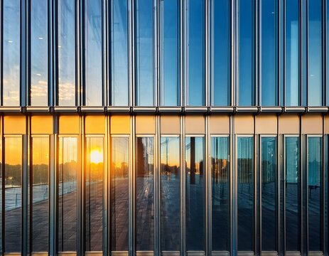 vertical glass panels reflecting warm golden sunlight and cool blue shadows in a modern architectural pattern design