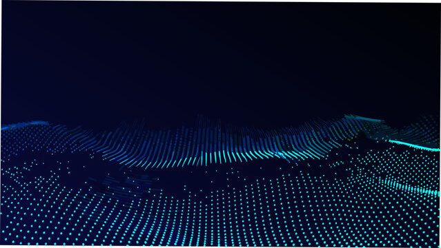 A teal and navy blue wave pattern composed of numerous small dots against a dark background dot pointillism digital abstract geometric