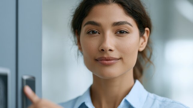Businesswoman unlocking secure office using biometric scanner