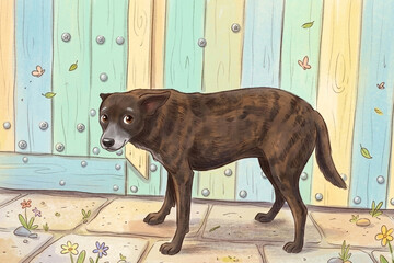 Illustration of a brown dog timid look in front of a colorful wooden gate