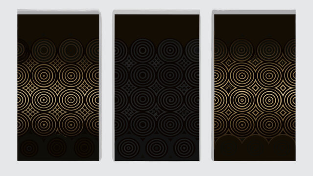 Geometric circular pattern displayed on three rectangular tiles with a dark toned background abstract art deco black concentric circles contemporary decorative