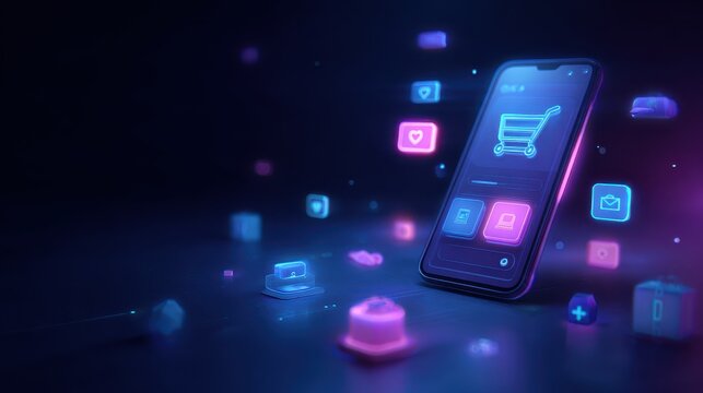 Futuristic online shopping interface with neon icons and smartphone in a dark digital space