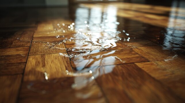 Large water spill on a polished wooden parquet floor