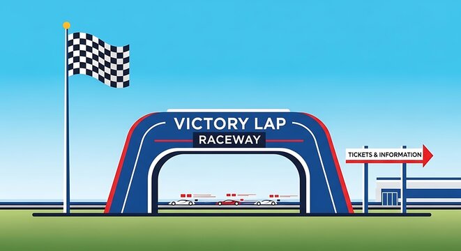 American flag and victory lap raceway sign at dusk.
