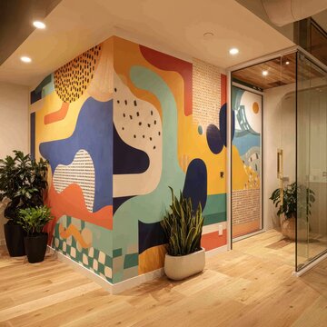 Modern office interior featuring a colorful abstract wall mural and indoor plants