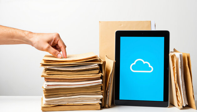 Old paper folder overflowing with physical documents next to tablet 