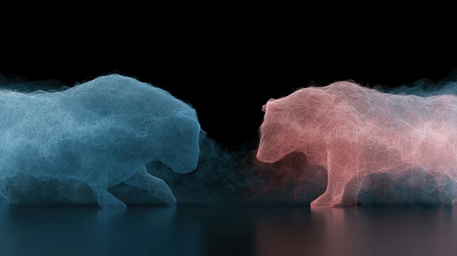 abstract trading battlefield, bulls versus bears visualized through financial charts, premium market artwork