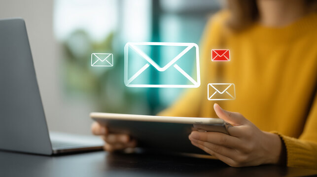 Email alert interface above tablet in modern workspace, unread message notification and digital communication management concept, laptop nearby, realistic editorial technology phot