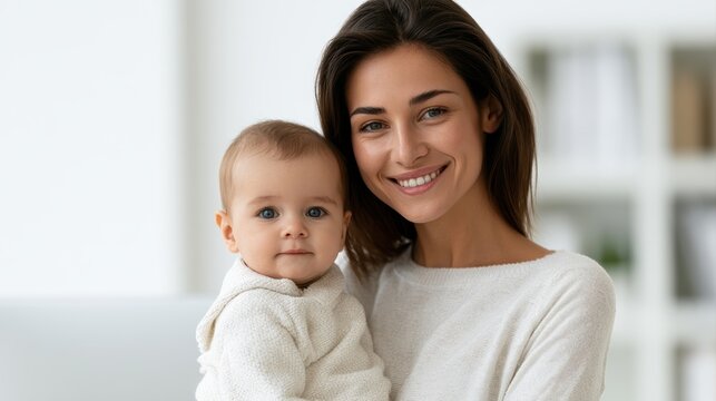 Working mother smiling while bringing baby to office workspace multitasking concept