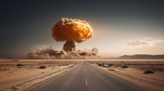 Distant mushroom cloud rising over empty desert road, global crisis warning concept, disaster awareness, geopolitical risk, emergency preparedness, environmental danger, survival p