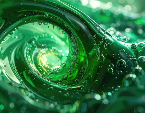 A close-up, abstract view of swirling green liquid with numerous small bubbles and bokeh lights.