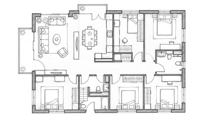 Fototapeta premium Black and white hand-drawn floor plan illustration of a large residential property with detailed room arrangements and furniture.