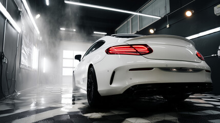 Obraz premium Rear view of white car in misty detailing studio with bright LED wall lights, professional auto spa concept, ceramic coating service, luxury vehicle cleaning, paint protection and