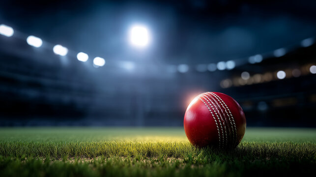 Red cricket ball under bright stadium floodlights on grass field, professional sports competition concept, cricket championship, tournament match, dramatic arena atmosphere and ath