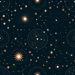 Celestial night sky pattern with stars and planets dark background © Asadul